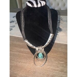 Silver Tone Turquoise Pendant Necklace Statement Boho Bohemian Fashion Jewelry‎